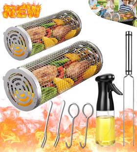 0327skj-02 Aucma Rolling Grilling Basket Veggies Grill Accessories Bbq Net Tube Tools Set Barb