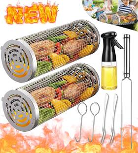 Caskj-2 Aucma Rolling Grilling Baskets For Outdoor Grill Bbq Net Tube 2l And Oil Sprayer