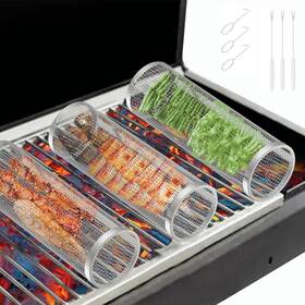 Avanco 602581294986 Rolling Grill Baskets For Outdoor 3pcs Secure Locking Cap Round Stainle