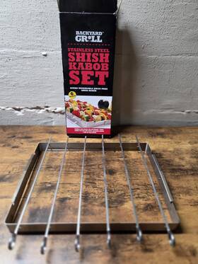 Backyard Grill 060197013382 Deluxe Kabob Set 6 Skewers Rack Preowned Used Once Perfect Stainless Steel