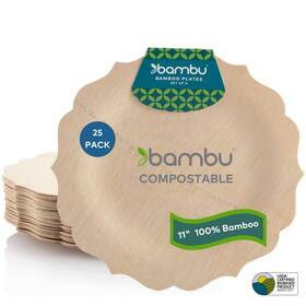 064690 Bambu Pack Of 25-11 Inch Disposable Bamboo Plates Fancy Biodegradable Eco Fr