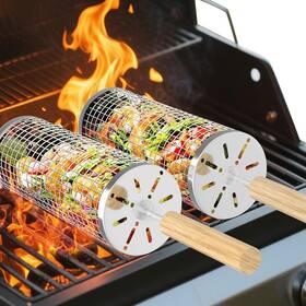 Rgb-001 Bchway Rolling Grill Basket Removable Wooden Handle 304 Stainless Silver 2pcs