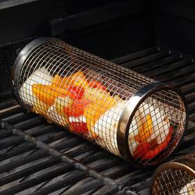 Big Bbq Company 684659151438 Rolling Grilling Basket Tube Round Mesh Cage Latching Lid Stainless Steel Sm