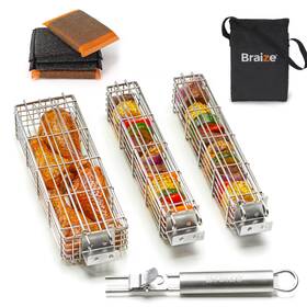 Braize 850050601142 Large Grilling Basket Set 3 Stainless Steel Kabob Baskets With Removable Ha