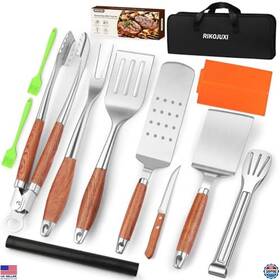 Rj-hlm2h1 Brand Rikojuxi 16-inch Heavy Duty Stainless Steel Bbq Grilling Tools Set Spatula Fork And Tongs