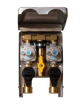 Dbl-ss-l90 Burnaby Go101-2#dbl-ss-l90 Manufacturing Ltd 2# Double Gas Plug 2 Psi 1/2 Inch Npt Bottom Inlet 2x3/8