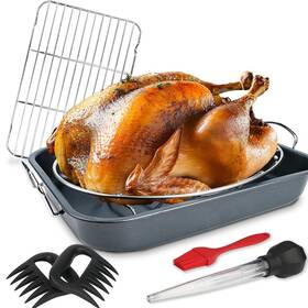 Clavany 791715038364 Stainless Steel Roasting Rack Turkey Roaster With Nonstick Pan For Bge Smoker