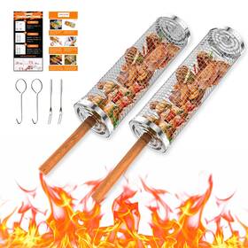 Concons 721722701951 Grill Baskets For Outdoor Rolling With Removable Wooden Handle Stainless Steel