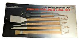 64132 Delux American Oak 5 Pc Deluxe Stainless Steel Bbq Tool Set Made In Taiwan Roc 1970s