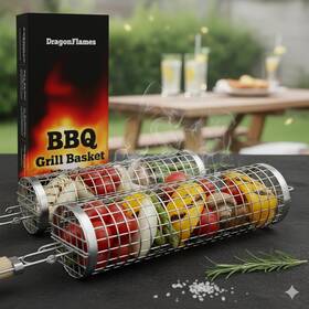 Kf-heuz-pwj9 Dragonflames Grill Well 2.0 - Rolling Basket 2 Pcs For Vegetables Kebob Shrimp