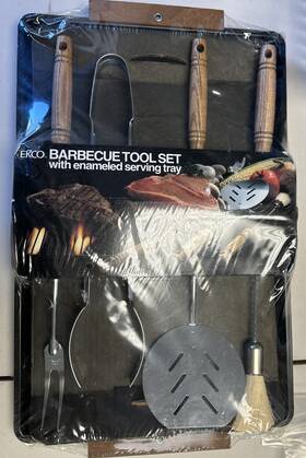 Ekco 070950580518 Vtg Barbecue Tool Set Sealed Fork Brush Turner Wood Handles With Serving Tray