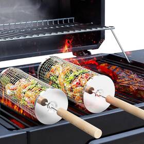 Eruule 726084538856 Nesting Grill Baskets Set Stainless Steel With Wooden Handle For Bbq Cooking
