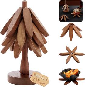 Hoe1102 Fonyick 8 Inches Tree-shaped Trivets Collapsible Walnut Sapale 3 Layers