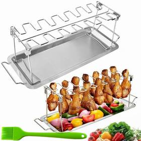 Leg-14 Goldhik Chicken Leg Rack For Grill With Drip Tray 14 Slots Stainless Silver