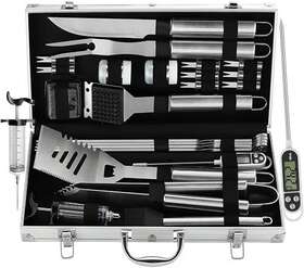 Grilljoy 970454011768 24pcs Bbq Grill Tools Set With Meat Thermometer And Injector - Extra