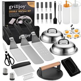 C6-b-3 Grilljoy Professional Griddle Accessories Kit Set With Smash Burger Press - Extra Thic