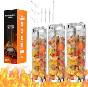 Grunen Wolken 313112483471 3pcs Rolling Grilling Baskets - Basket Stainless Steel Grill Mesh Barb