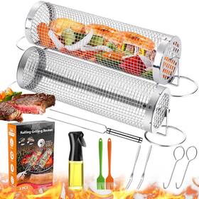 Grunen Wolken 710946829145 Grill Basket - Outdoor Rolling Bbq 2 Pcs Stainless Steel Mesh