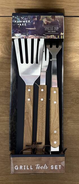 1014208 Hammer Axe New 3 Piece Grill Tool Set Stainless And Wood Tongs Spatula Fork