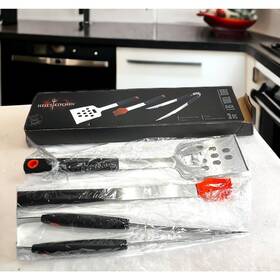 Hk-717 Hell S Kitchen Bbq Grill 3 Pc Set Spatula Tongs And Silicone Basting Brush Nib