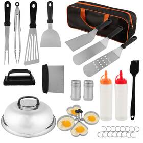 Home-complete 197315616092 Griddle Accessories - 28pc Grill Set With Stainless Steel Spatulas Tongs Cl