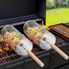 Huzayl Home Store 070003948017 Rolling Grill Basket Round Shaped With Removable Wooden Handle 304 Stainless