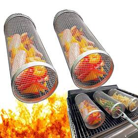 Imountek 737547594036 2pc Stainless Round Rolling Grill Basket Outdoor Camping Barbecue Grilling Tray