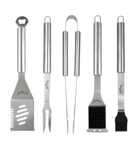Jim Beam 736386008353 5 Piece Stainless Steel Grilling Tool Set - Grill Brush Tongs Basting