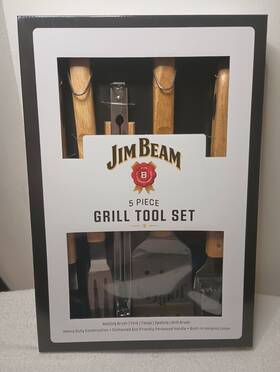 Jb0198 Jim Beam 736386008889 Stainless Steel Parawood Handles 5-piece Barbecue Set New
