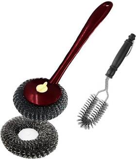 Lhs003w Kowiofame Steel Wool Brush Long Handle Stainless Scrubbers With Red
