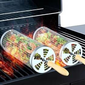 Kuqihug 710456414374 Rolling Grill Basket2pcs Removable Wooden Handle 304 Stainless Steel