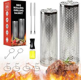Lifestyle Plus 711181526448 Rolling Grilling Baskets 2 Pcs - 360 Heavy Duty Stainless Steel Bbq Basket C