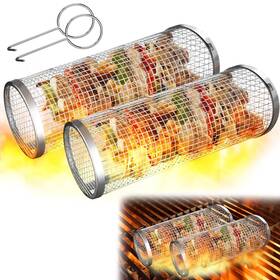 Moodaily 680501377315 2 Pack Rolling Grill Basket Bbq Net Tube Stainless Steel Wire Mesh Cylind