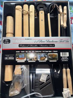 02043p Mr.bar-b-q Silver Prestige Premium 11 Piece Barbecue Tool Set Oakwood Handles Stainless Steel New In Box