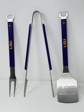 84066582 Ncaa Lsu Tigers Grill Bbq Stainless Steel Tool Set - 3pc Spatula Tongs Forks Purple