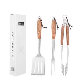 T0-i55r-0rj2 Octagrills 3-piece Bbq Utensil Set Premium Stainless Steel Grill Tools With Extra Wide