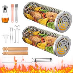 Omistar 768346504728 2 Pcs Rolling Grilling Baskets For Outdoor Grill Bbq Stainless Steel Cylinde