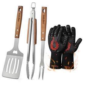 F-brp4024-ss1 Only Fire 4-piece Wooden Grill Tool Set Bbq Tolls Heavy Duty Stainless Steel
