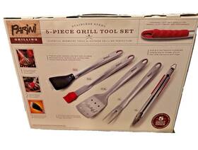 Inv00856 Parini 5 Piece Grill Tool Set-tongs Fork Spatula Basting And Cleaning Brush New