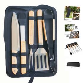 Peywkanzt 762736051045 Multifunctional Bbq Grill Tool Set 5 Pcs With Carry Bag Wooden Handles Griddl