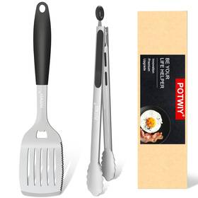 P-241115 Potwiy Grill Tools Set With Metal Spatula And Tongs Thicked Stainless Steel Bbq