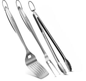 Prepmen 727785322256 3-piece Bbq Grilling Utensil Set Heavy Duty Spatula Fork Tongs Outdoor Use