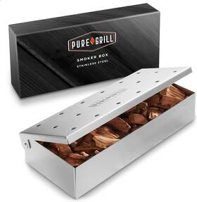 Pure Grill 744759563231 Bbq Smoker Box - Heavy Duty Stainless Steel With Hinged Lid For Wood