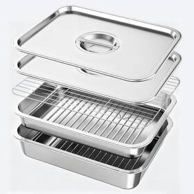 Quras 744759764164 Stainless Steel Grill Prep And Serve Tray Set With Lids Carry System For L