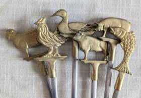 1106091 Stainless Vintage Skewers With Brass Animals Set Of 6 Bbq Kabobs