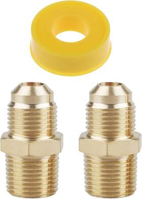 Timsec 190732001922 2pcs Brass Propane Fitting Set With Ptfe Gas Line Tape - 3/8 Inch Flare To Npt