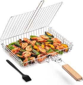 Unco 744110401059 Unco- Bbq Grill Basket With Wooden Handle Stainless Steel Heavy Duty Fish Gril