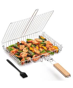 Unco 810142200349 Grill Basket With Wooden Handle Stainless Steel Heavy Duty Fish Bas