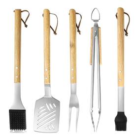 Pgs-5 Vedxto 5 Pcs Heavy-duty Wooden Bbq Grilling Tools Set Extra Thick Stainless Steel M