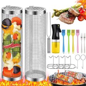 Veuieizt 768523118052 Rolling Grilling Basket 2 Pcs Bbq Stainless Steel Mesh With Accessories Portable